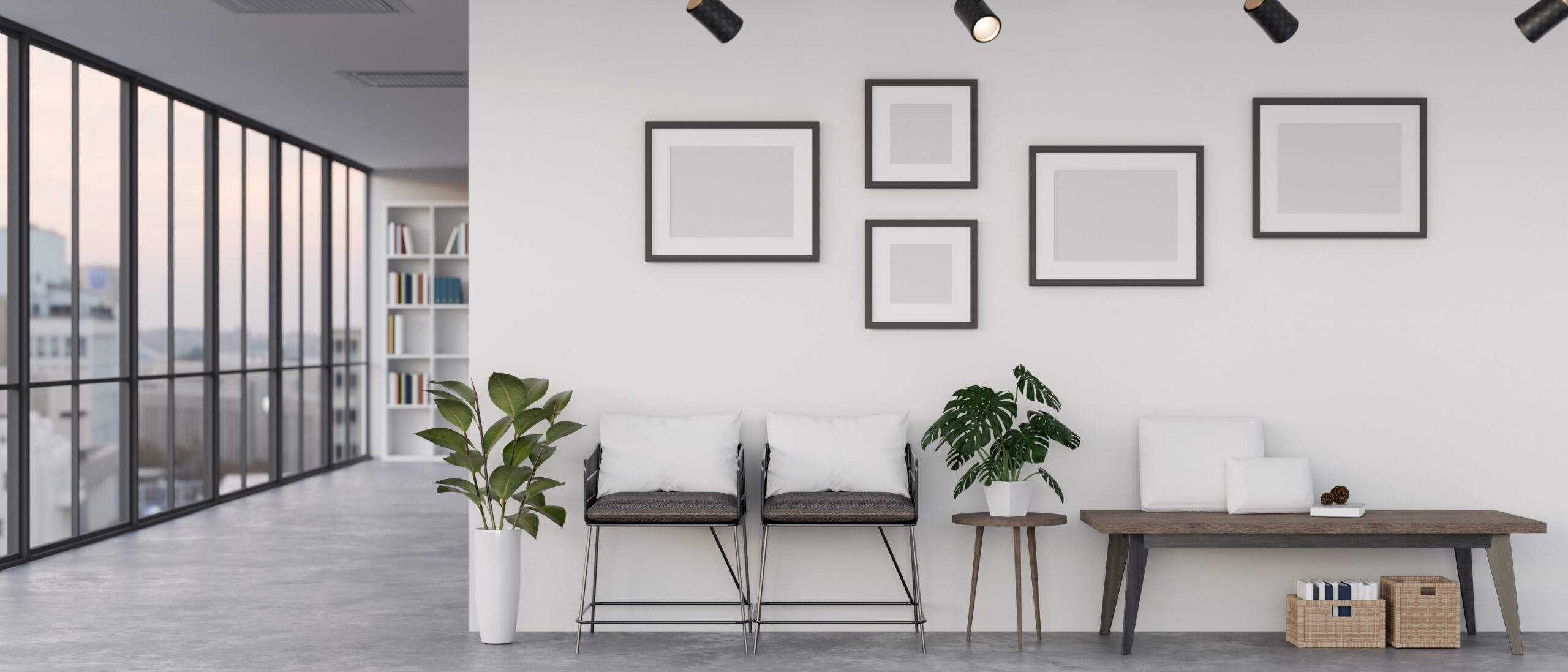 Modern building corridor with relaxing or waiting area interior design with armchairs, wooden bench